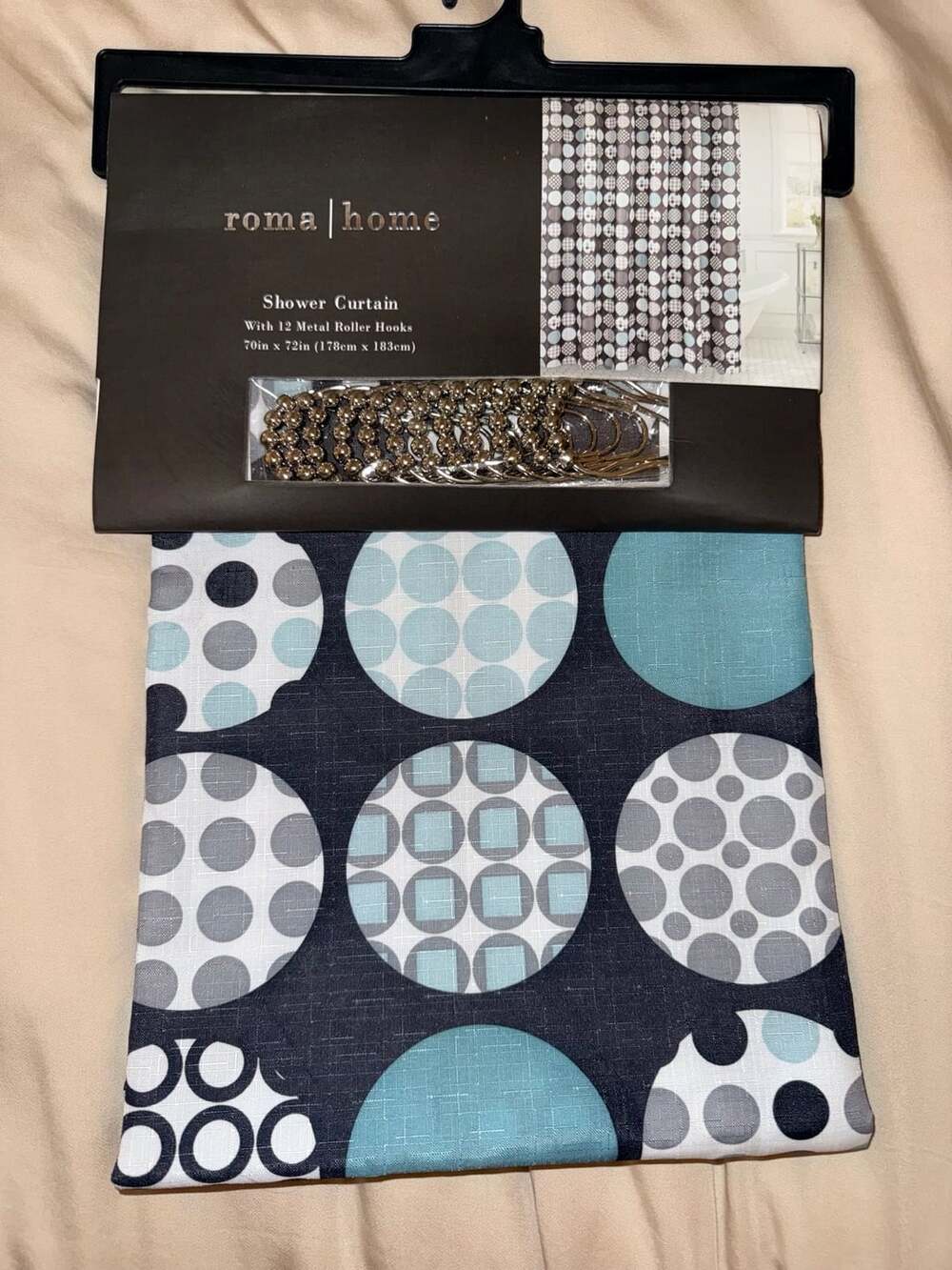 Roma Home Shower Curtain 70in x 72in Black Turquoise Geometric Circles